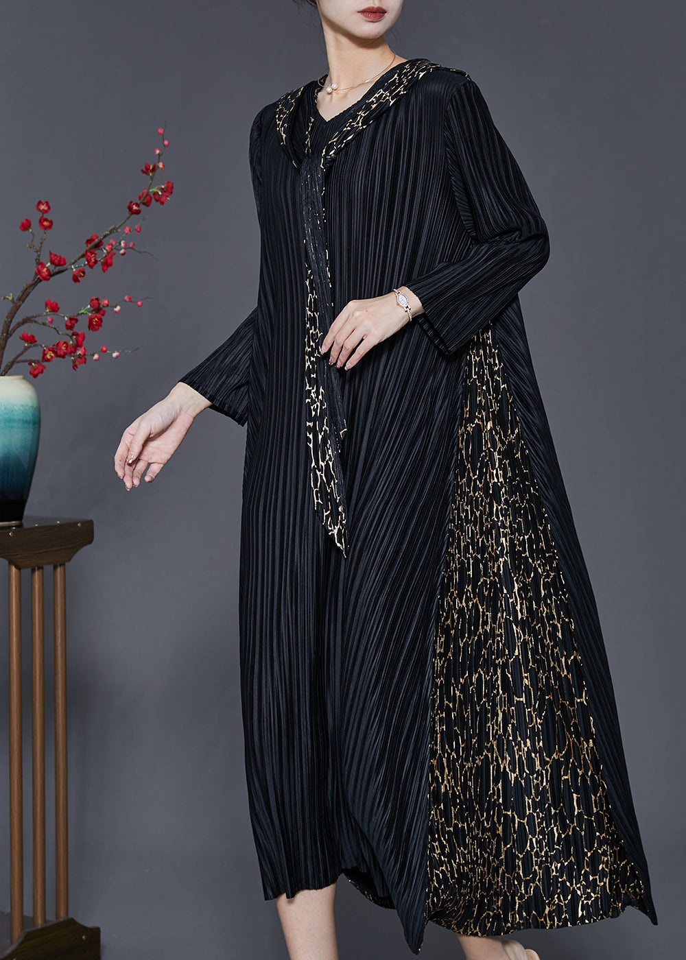 Bohemian Black Hooded Patchwork Wrinkled Maxi Dresses Spring SD1065 Ada Fashion