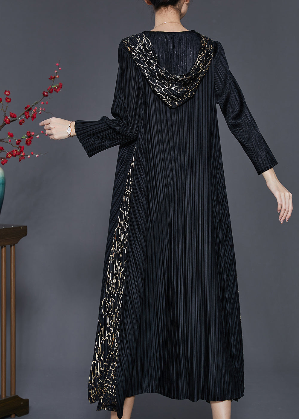 Bohemian Black Hooded Patchwork Wrinkled Maxi Dresses Spring SD1065 Ada Fashion