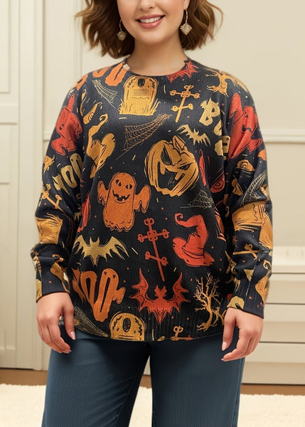 Bohemian Black O Neck Print Cozy Knit Sweaters Fall AE1008 OM-HW240901