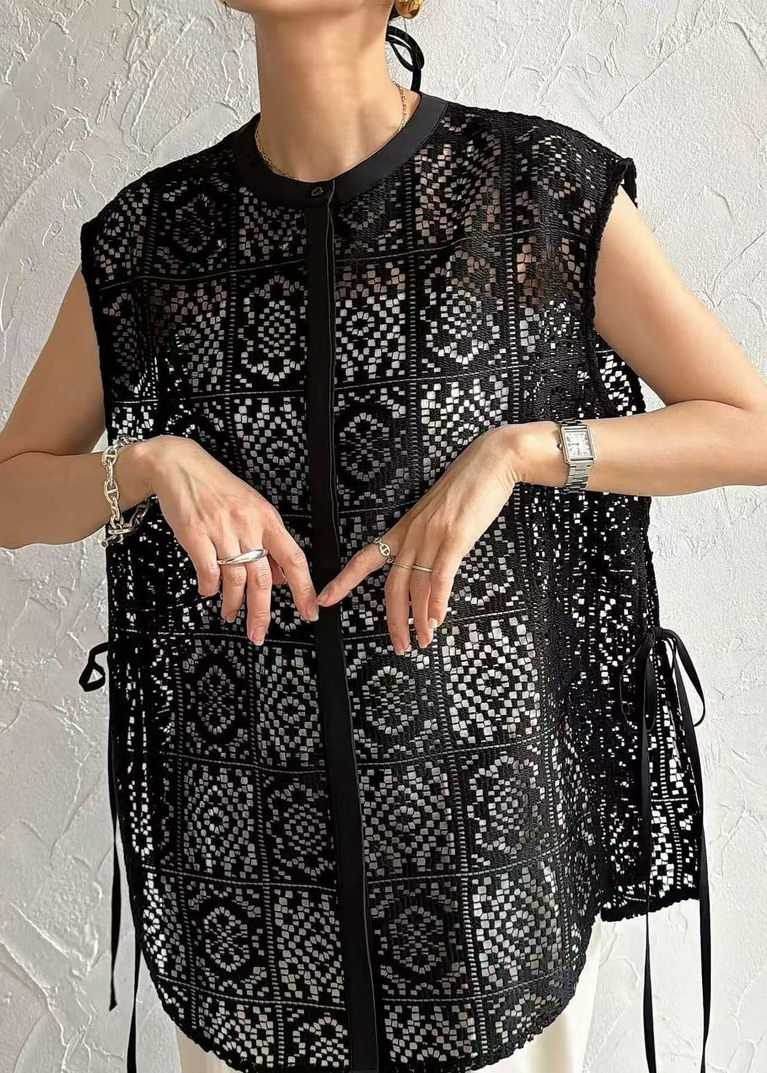 Bohemian Tops Sleeveless Out Lace Hollow Black Oversized FashionChic