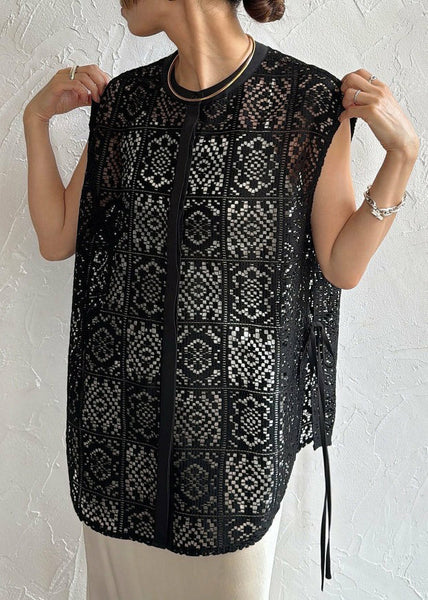 Bohemian Tops Sleeveless Out Lace Hollow Black Oversized FashionChic