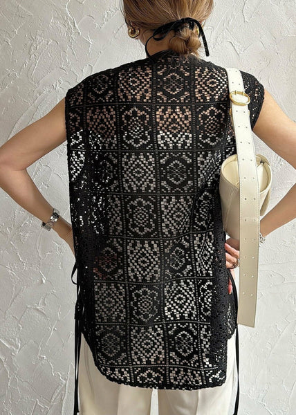 Bohemian Tops Sleeveless Out Lace Hollow Black Oversized FashionChic