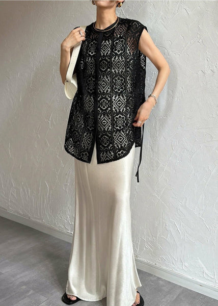 Bohemian Tops Sleeveless Out Lace Hollow Black Oversized FashionChic