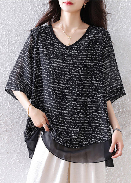 Patchwork Black Oversized Summer Tops Bohemian Chiffon FashionChic