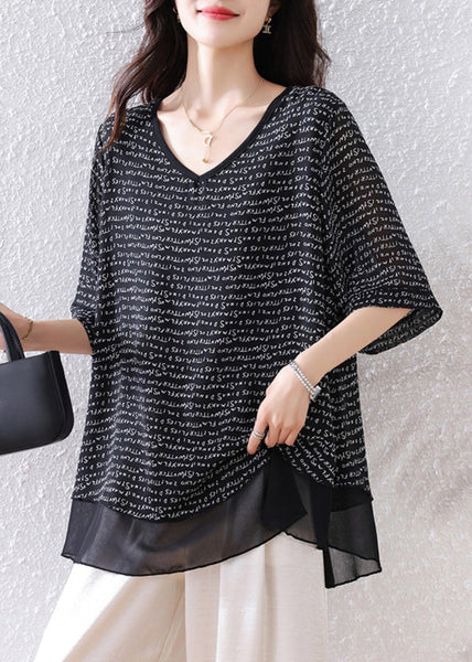 Patchwork Black Oversized Summer Tops Bohemian Chiffon FashionChic