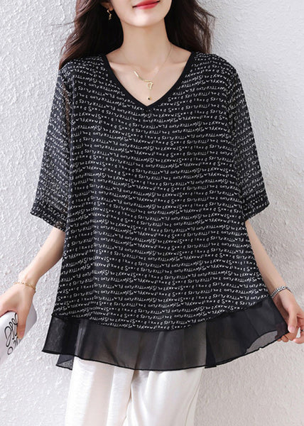 Patchwork Black Oversized Summer Tops Bohemian Chiffon FashionChic