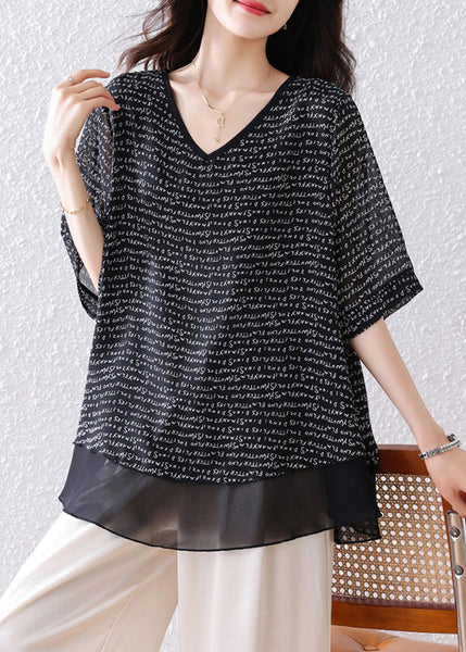 Patchwork Black Oversized Summer Tops Bohemian Chiffon FashionChic