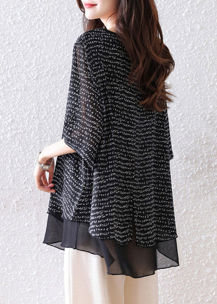 Patchwork Black Oversized Summer Tops Bohemian Chiffon FashionChic