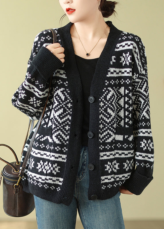 Bohemian Black Oversized Print Knit Cardigan Spring TM006 ABC