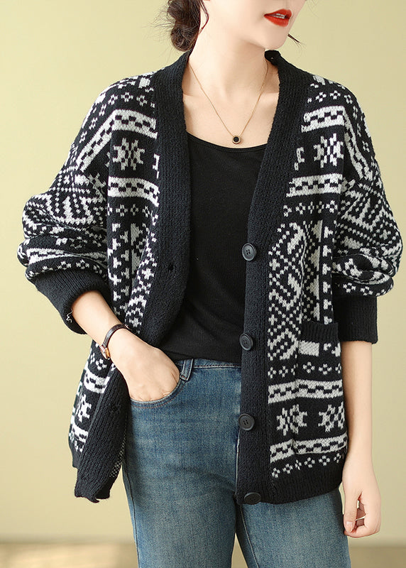 Bohemian Black Oversized Print Knit Cardigan Spring TM006 ABC