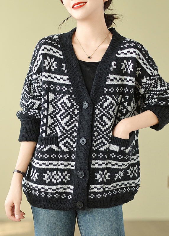Bohemian Black Oversized Print Knit Cardigan Spring TM006 ABC