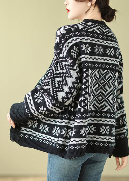 Bohemian Black Oversized Print Knit Cardigan Spring TM006 ABC