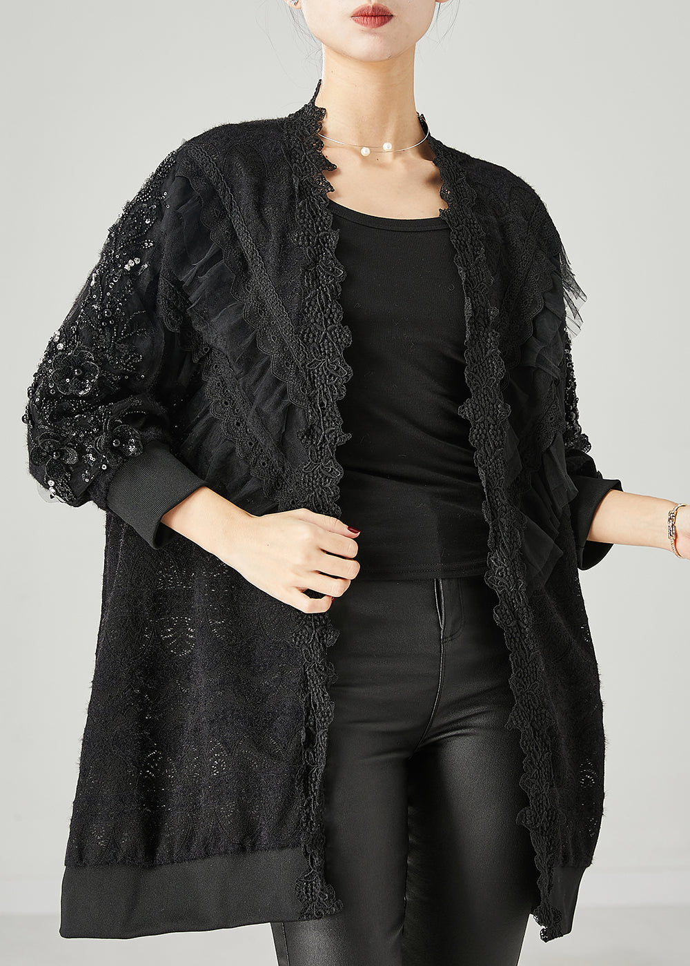 Bohemian Black Ruffled Nail Bead Lace Cardigan Spring YU1048 Ada Fashion