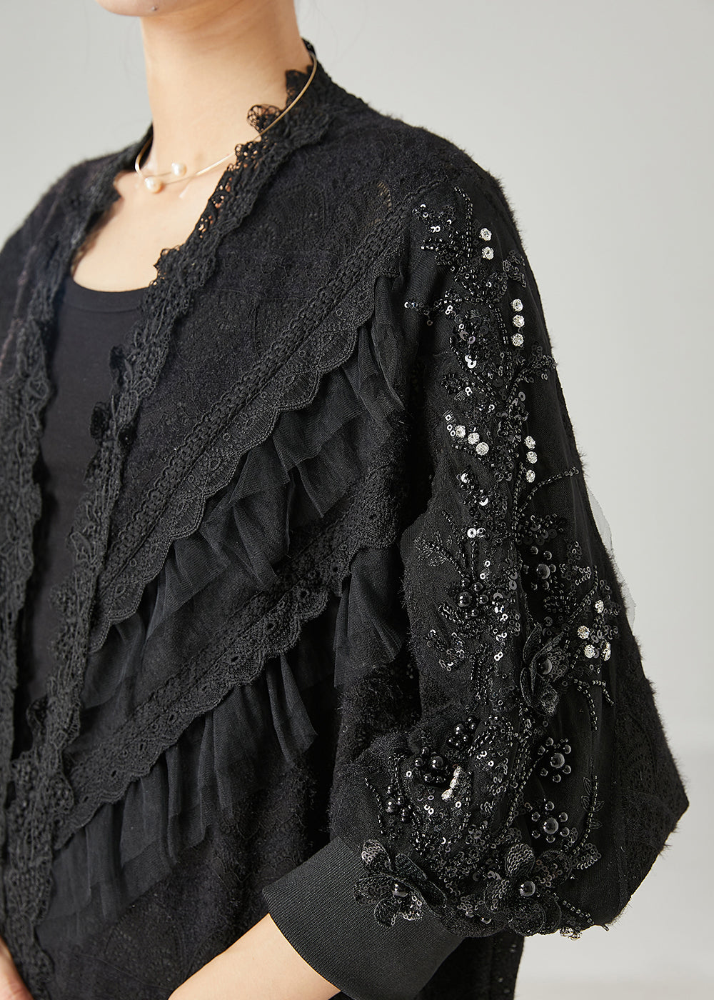 Bohemian Black Ruffled Nail Bead Lace Cardigan Spring YU1048 Ada Fashion