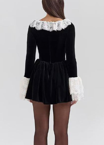 Bohemian Black Square Collar Lace Patchwork Silk Velvet Mid Dress Spring YZ072 ABC