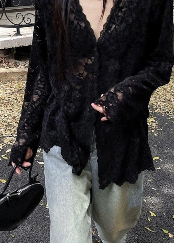 Shirt Spring Neck Bohemian Black Lace Hollow Out V FashionChic