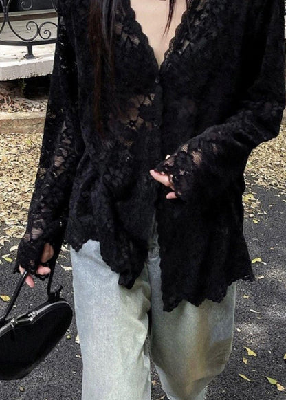 Shirt Spring Neck Bohemian Black Lace Hollow Out V FashionChic