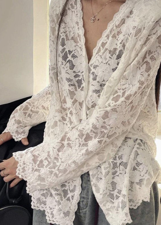 Shirt Spring Neck Bohemian Black Lace Hollow Out V FashionChic