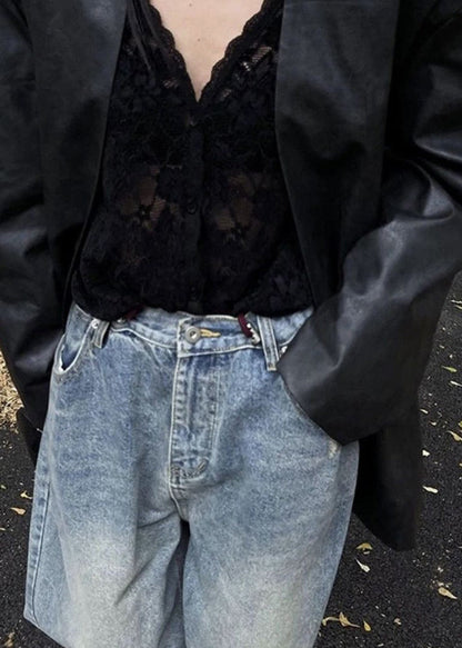 Shirt Spring Neck Bohemian Black Lace Hollow Out V FashionChic