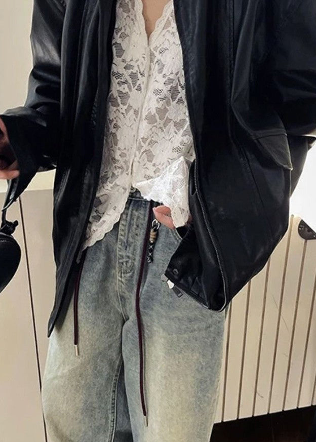 Shirt Spring Neck Bohemian Black Lace Hollow Out V FashionChic