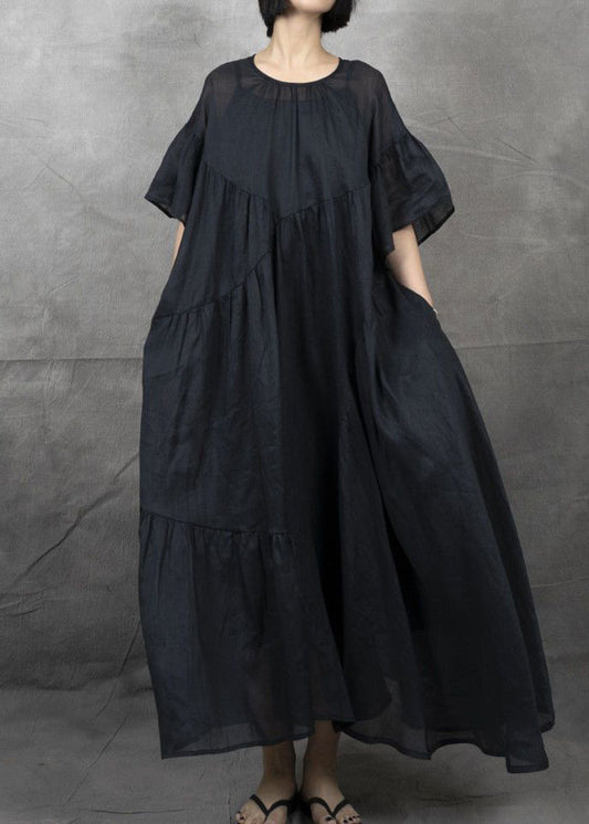 Bohemian Black Wrinkled Patchwork Maxi Dress Short Sleeve GH1043 Ada Fashion