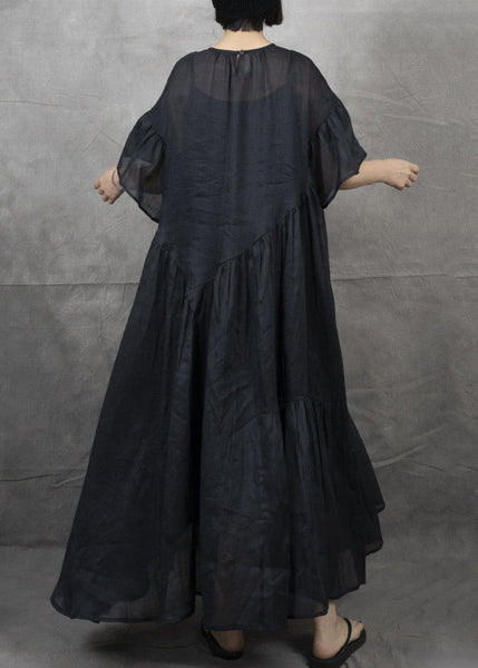 Bohemian Black Wrinkled Patchwork Maxi Dress Short Sleeve GH1043 Ada Fashion