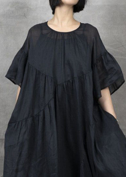 Bohemian Black Wrinkled Patchwork Maxi Dress Short Sleeve GH1043 Ada Fashion
