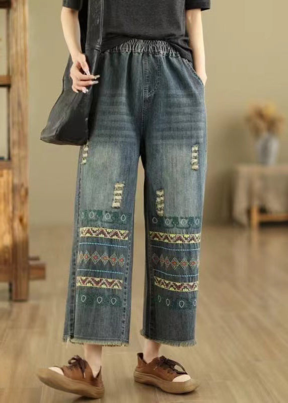 Bohemian Blue Embroidered Pockets Denim Wide Leg Pants Spring QQ1036 Ada Fashion