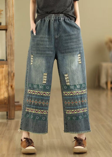 Bohemian Blue Embroidered Pockets Denim Wide Leg Pants Spring QQ1036 Ada Fashion