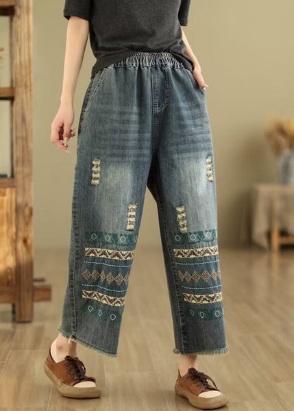 Bohemian Blue Embroidered Pockets Denim Wide Leg Pants Spring QQ1036 Ada Fashion