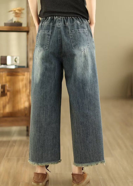 Bohemian Blue Embroidered Pockets Denim Wide Leg Pants Spring QQ1036 Ada Fashion