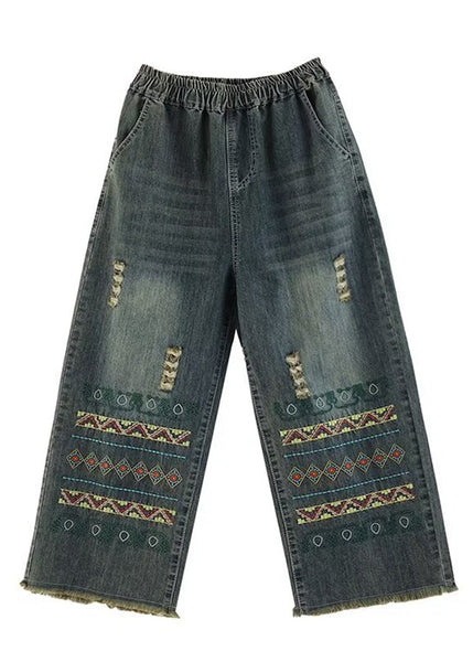 Bohemian Blue Embroidered Pockets Denim Wide Leg Pants Spring QQ1036 Ada Fashion
