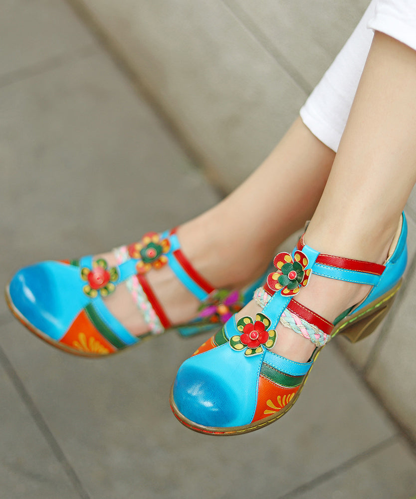 Bohemian Blue Hollow Out Floral Splicing Chunky Sandals CZ1044 Ada Fashion