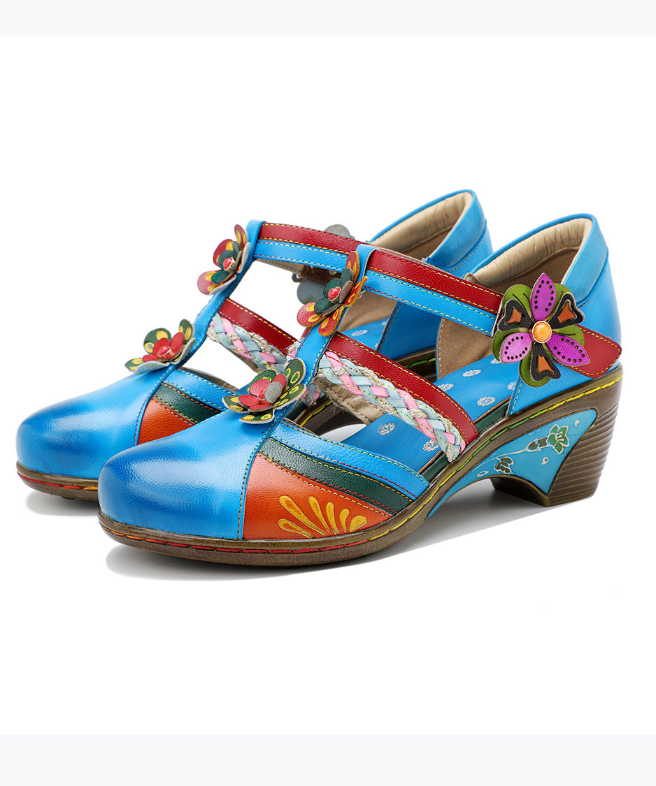 Bohemian Blue Hollow Out Floral Splicing Chunky Sandals CZ1044 Ada Fashion