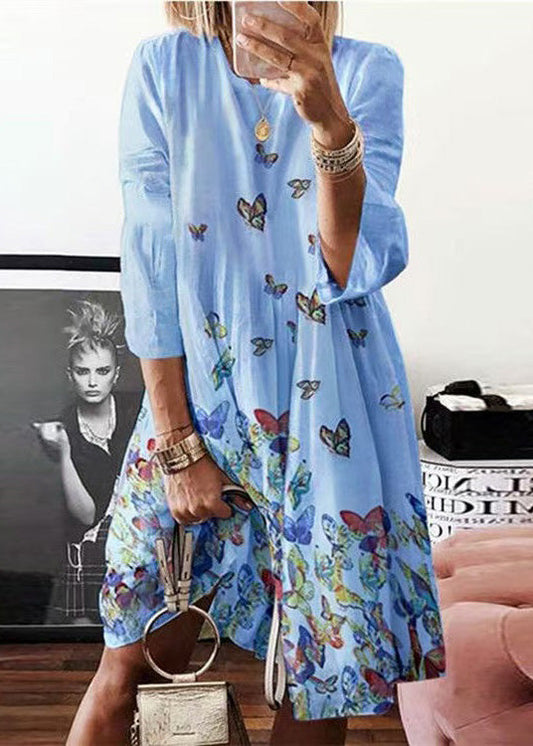 Blue Mid Butterfly Summer Dress Neck O Bohemian Print Cotton FashionChic
