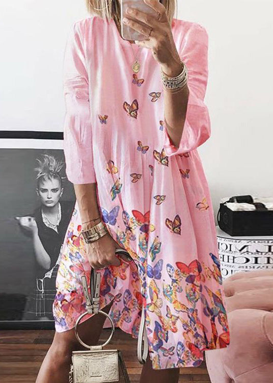 Blue Mid Butterfly Summer Dress Neck O Bohemian Print Cotton FashionChic