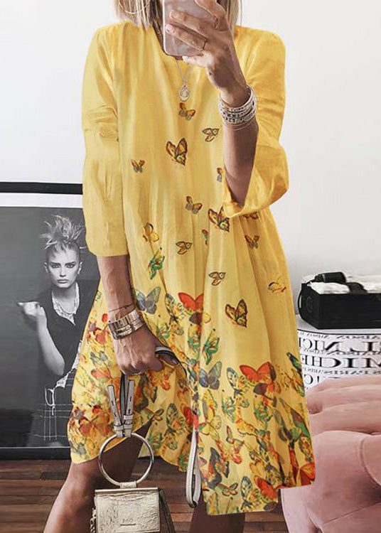 Blue Mid Butterfly Summer Dress Neck O Bohemian Print Cotton FashionChic