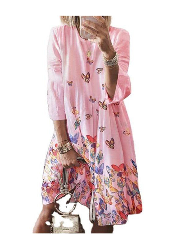 Blue Mid Butterfly Summer Dress Neck O Bohemian Print Cotton FashionChic