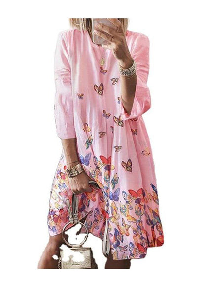 Blue Mid Butterfly Summer Dress Neck O Bohemian Print Cotton FashionChic