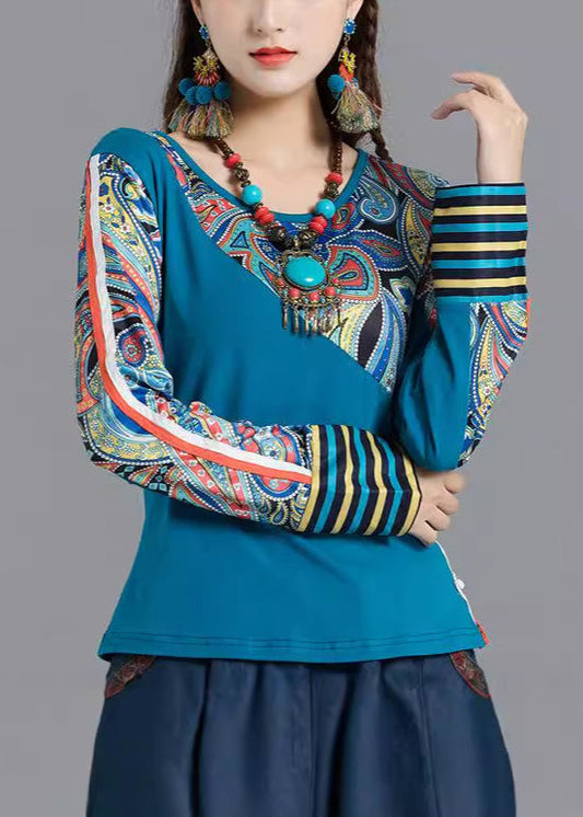 Bohemian Blue O Neck Print Patchwork Cotton Tops Spring TH046