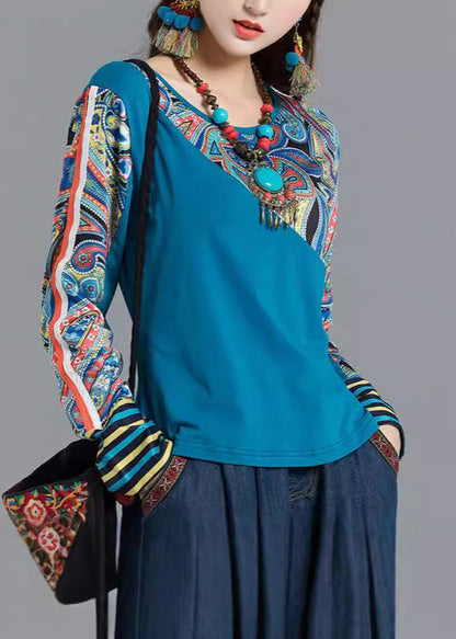 Bohemian Blue O Neck Print Patchwork Cotton Tops Spring TH046