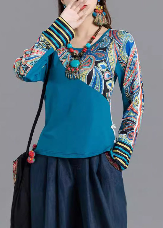 Bohemian Blue O Neck Print Patchwork Cotton Tops Spring TH046