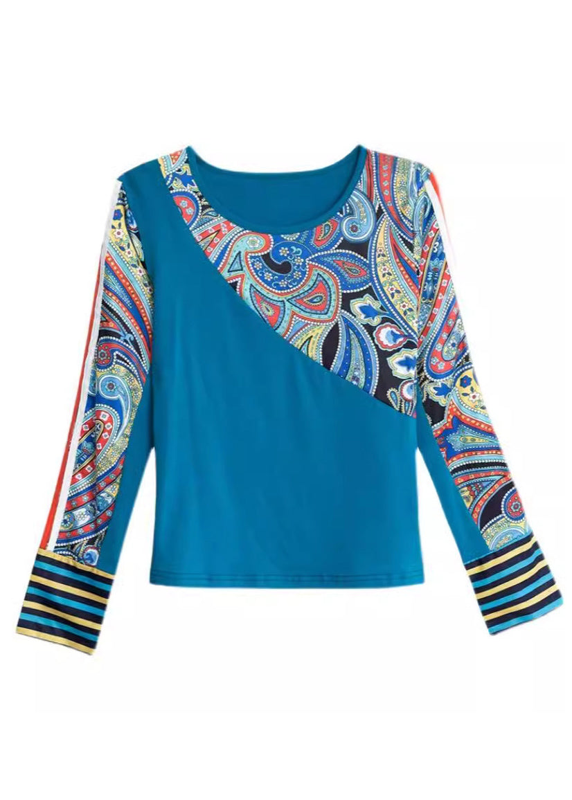 Bohemian Blue O Neck Print Patchwork Cotton Tops Spring TH046