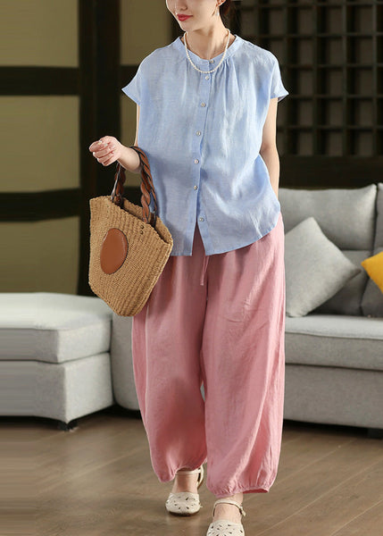 Linen Blouse Tops Oversized Bohemian Summer Blue FashionChic