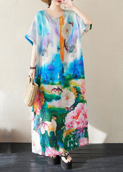 Bohemian Summer Dresses Cotton Oversized Blue Tie Dye Maxi FashionChic