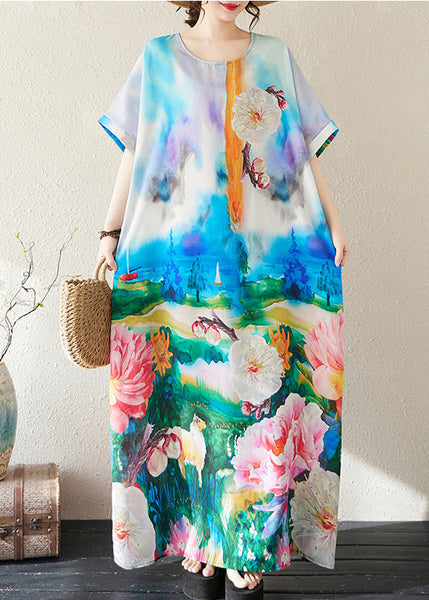 Bohemian Summer Dresses Cotton Oversized Blue Tie Dye Maxi FashionChic