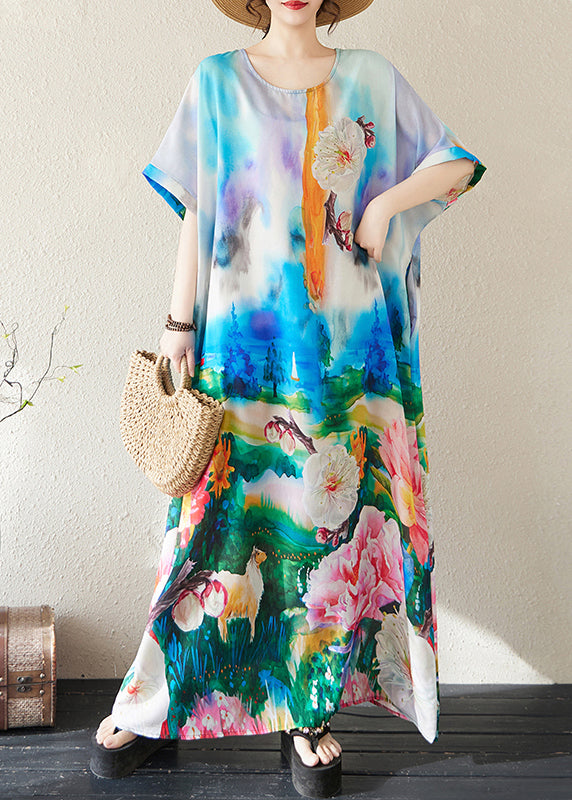 Bohemian Summer Dresses Cotton Oversized Blue Tie Dye Maxi FashionChic