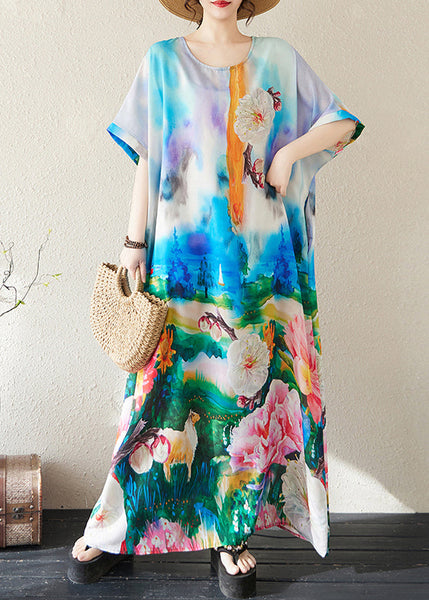 Bohemian Summer Dresses Cotton Oversized Blue Tie Dye Maxi FashionChic