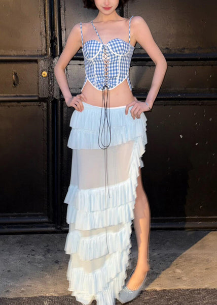 Ruffled Cotton White Plaid Skirts And Two Bohemian Tank Blue FashionChic