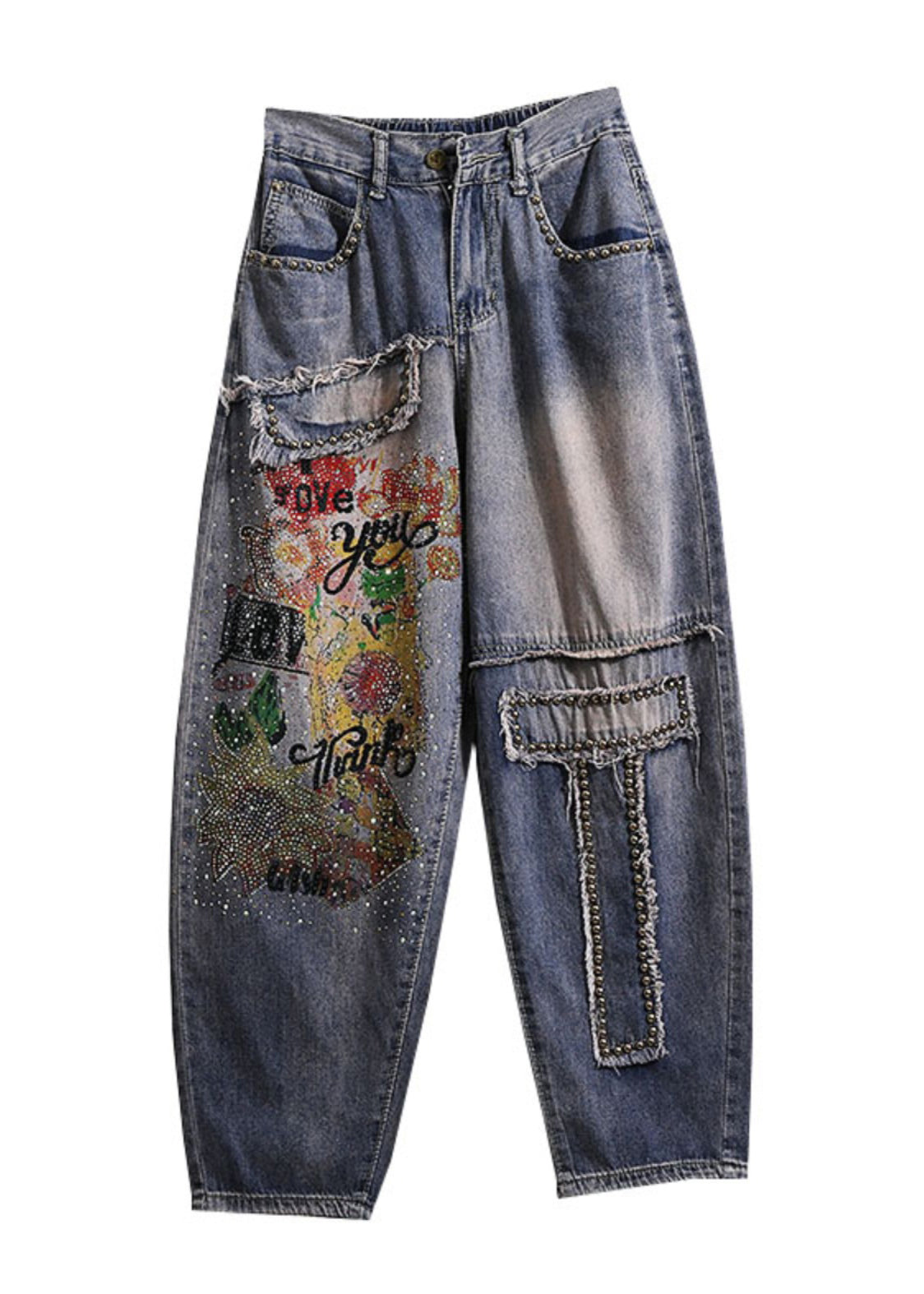 Bohemian Blue Pockets DIY Zircon Rivet Denim Pants Spring QQ1049 Ada Fashion